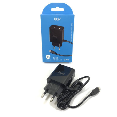 СЗУ Lightning + 2USBUBIK (UHS22L) 2.1A, черный. Сетевое зарядное устройство Lightning + 2 выхода USB.