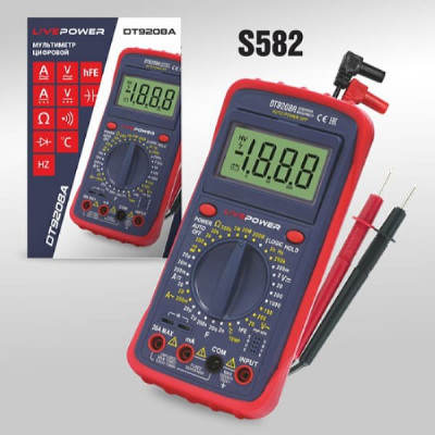 Мультиметр LIVE-POWER DT9208A. Дисплей: ЖК 3,5-разрядный дисплей, макс. индицируемое число 1999. Размер экрана: 67х42мм. Возможность изменения угла экрана: есть. Индикация перегрузки: отображается на экране OL. Рабочая среда: 0С ~ 40C, относительная влажн