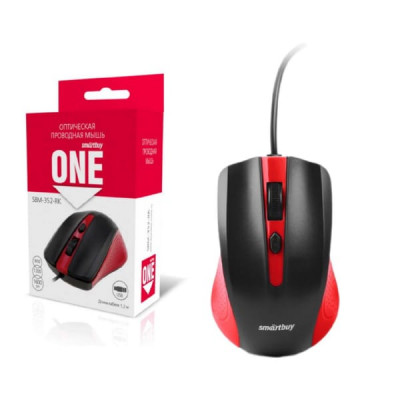 Мышь проводная SmartBuy ONE 352, красный/черный. DPI 1600/1200/800. 4кн. Оплетка кабеля: резина. Длина кабеля 1,2м.