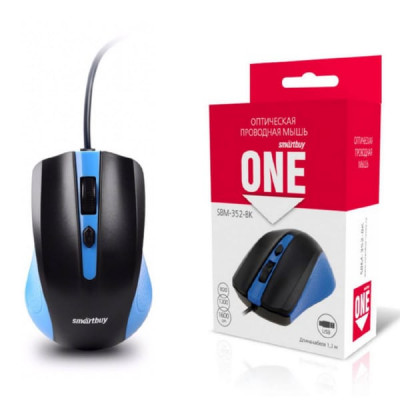 Мышь проводная SmartBuy ONE 352 синий/черный. DPI 1600/1200/800. 4кн. Оплетка кабеля: резина. Длина кабеля 1,2м.
