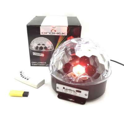 Диско шар MP3 Огонек OG-LDS04(381) Динамики 2шт по 5Вт. 6 LED - по 1Вт/подстраиваются под звучание музыки. USB/SD. Пульт ДУ. Размер: 183х183х154мм